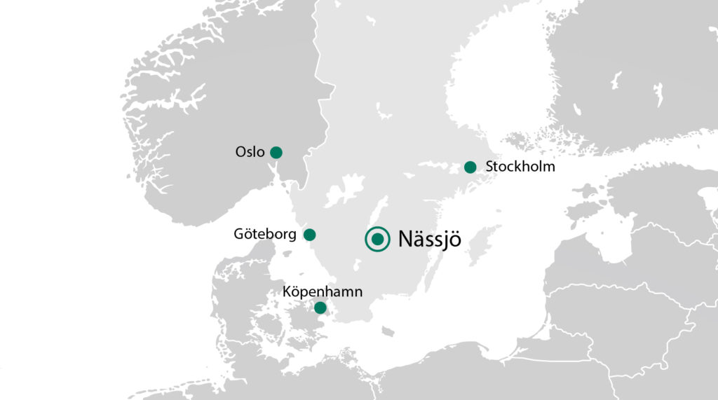 Kartbild som visar Nässjös läge ur ett 3PL-perspektiv.